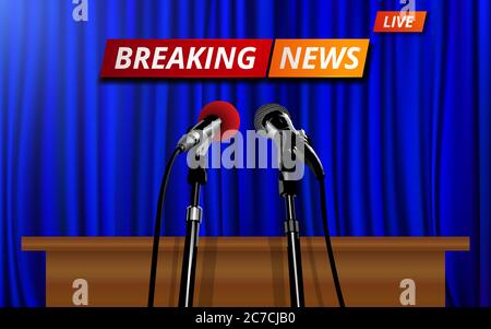 tavolo bianco e sedia con ultime notizie in diretta su tenda blu in sfondo lcd nella sala studio news Illustrazione Vettoriale