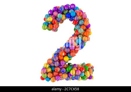 Numero 2 da palline di Natale colorate. Font delle sfere xmas, rendering 3D isolato su sfondo bianco Foto Stock