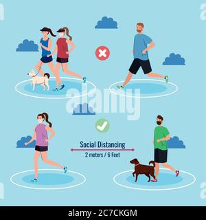 Distanza sociale tra uomini e donne con maschere al disegno vettoriale parco Illustrazione Vettoriale