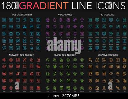 180 icone di tendenza in stile gradiente a linee sottili insieme di sviluppo web, videogiochi, modellazione 3d, tecnologia di rete, tecnologia dati cloud, processo creativo isolato su sfondo nero Illustrazione Vettoriale