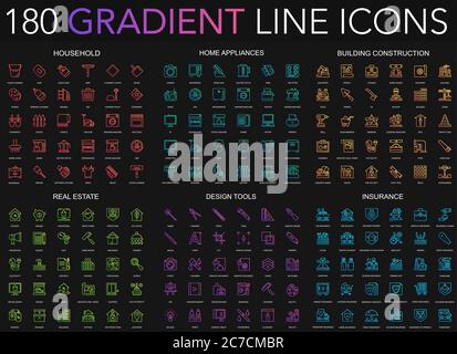 180 icone di linea sottile di stile di gradiente trendy insieme di elettrodomestici, elettrodomestici, costruzione di edifici, immobili, strumenti di progettazione, assicurazione isolato su sfondo nero Illustrazione Vettoriale