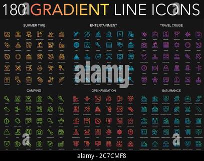 180 icone di tendenza in stile gradiente sottile set di tempo estivo, intrattenimento, crociera di viaggio, campeggio, navigazione gps, assicurazione isolata su sfondo nero Illustrazione Vettoriale