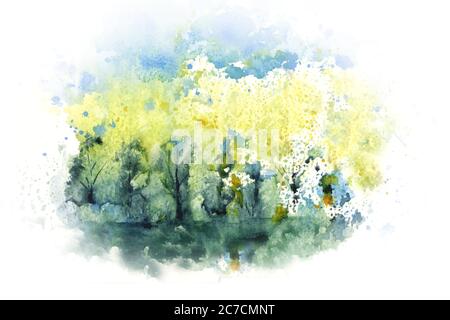 Paesaggio acquerello con foresta, cielo blu, fiume. Natura disegnata a mano della Siberia. Immagine. Illustrazione Illustrazione Vettoriale