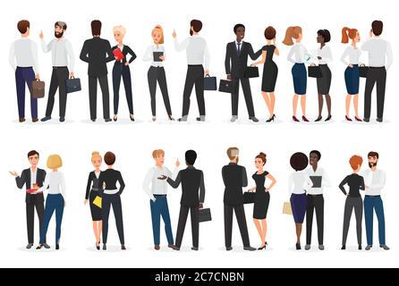 Conversazione tra uomini d'affari. Uomo e donna si levano in piedi insieme e parlano, discutono, negoziano. Illustrazione vettoriale della vista anteriore e posteriore Illustrazione Vettoriale