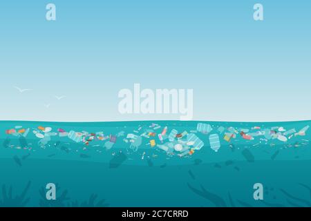 Rifiuti di plastica inquinati sulla superficie del mare con diversi tipi di rifiuti - bottiglie di plastica, sacchetti, rifiuti galleggianti in acqua. Mare oceano acqua inquinamento sfondo concetto di illustrazione vettoriale Illustrazione Vettoriale