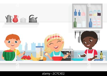 Cute Boy e ragazza chef bambini cucina nella cucina vettore illustrazione. Illustrazione Vettoriale