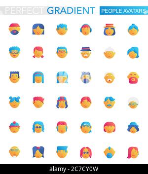 Insieme vettoriale di icone avatar trendy di persone a gradiente piatto Illustrazione Vettoriale