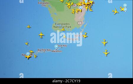 Traffico aereo su Florida (16 luglio 2020, UTC 12.23) su Internet con il sito Flightradar 24, durante il periodo Pandemico di Coronavirus Foto Stock