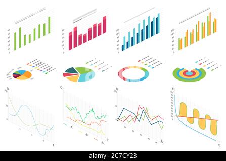 Grafico isometrico flat data finance, grafici di business finance per infografica. Dati grafici delle forme d'onda, statistiche dei diagrammi 2d, colonne informative illustrazione vettoriale isolata Illustrazione Vettoriale
