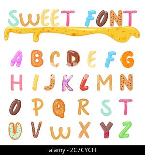 Dolci, biscotti e design di font da forno. Lettere dell'alfabeto divertenti in stile bambini Illustrazione Vettoriale