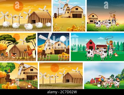 Insieme di diverse scene di fattoria con un'illustrazione di stile cartoon fattoria animale Illustrazione Vettoriale