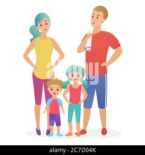 Sport fitness famiglia. Papà, madre, figlio e figlia conducono un sano stile di vita flat illustrazione vettoriale Illustrazione Vettoriale