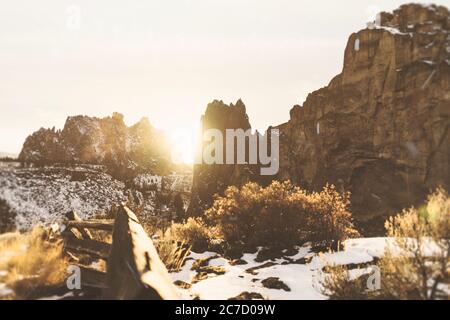 Bella foto ampia di cespugli ricoperti di neve vicino alle scogliere in una giornata di sole Foto Stock