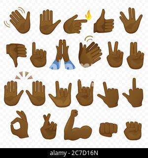 Set di icone e simboli delle mani nere afroamericane o brasiliane. Icone delle mani emoji. Diversi gesti cartoni animati, mani, segnali e segni impostano l'illustrazione vettoriale Illustrazione Vettoriale