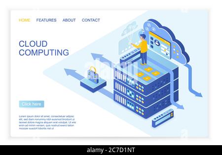 Progettazione isometrica vettoriale di persone che operano con dati protetti sulla pagina iniziale del cloud computing, illustrazione vettoriale del modello della pagina di destinazione dei big data Illustrazione Vettoriale