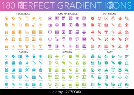 180 vettore trendy perfetto gradiente icone insieme di casa, elettrodomestici, amico di animali, giardino, cucina, bambino Illustrazione Vettoriale
