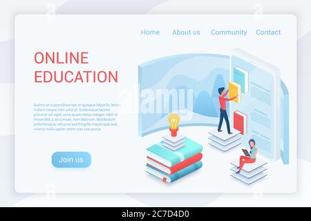 Formazione online, elearning modello vettoriale della landing page isometrica. Biblioteca virtuale, programma di e learning, ebook lettura sito web design layout. Corsi online, lezioni, formazione 3D Concept Illustration Illustrazione Vettoriale