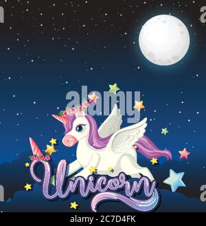 Banner vuoto con simpatico unicorno in cielo notturno illustrazione di sfondo Illustrazione Vettoriale