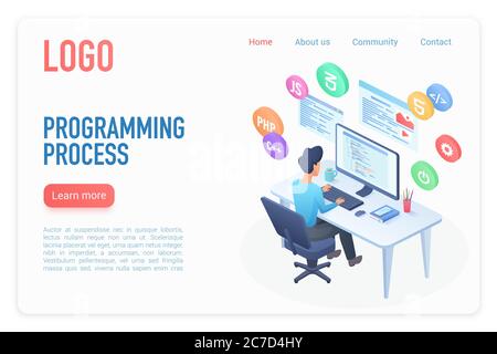 Modello vettore isometrico della pagina di destinazione del processo di programmazione. Sviluppo software concetto 3d. Corsi di programmazione, programmazione. Tecnologia digitale. Informatica, layout della homepage DEL sito WEB del settore IT Illustrazione Vettoriale