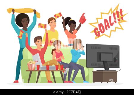 Tifosi di calcio flat vettore illustrazione. Gli appassionati di sport con attributi di calcio che salutano la squadra preferita. Amici di uomo e donna che guardano la partita in TV seduti a casa. Ragazzi che hanno simpatici personaggi cartoni animati Illustrazione Vettoriale