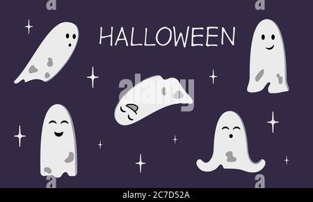 Simpatici fantasmi isolati su sfondo viola scuro. Collezione di personaggi di Halloween con volti sorridenti. Foglio bianco vuoto con fori. Elemento per poster, banner Illustrazione Vettoriale