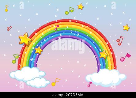 Arcobaleno con tema musicale e glitter su sfondo pastello cielo illustrazione Illustrazione Vettoriale