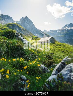 Vecchia e remota cabina da delle belle Alpi montagne. La vecchia casa sembra un po' spaventosa. Luogo perfetto per girare filmati. Atmosfera Moody Foto Stock