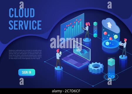 Modello vettoriale isometrico della pagina di destinazione della luce ultravioletta del servizio cloud. Programmatore sincronizzazione delle informazioni personali. Archiviazione di database, crittografia e protezione dei dati. Pagina iniziale del sito Web di cloud computing Illustrazione Vettoriale