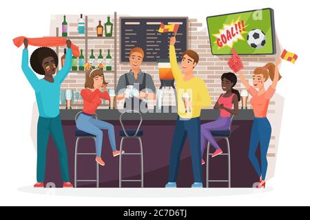 Persone che bevono birra in bar flat vettore illustrazione. Amici che guardano la partita di calcio, barman in piedi presso lo stand di bar sport cartoni animati. Gli appassionati di calcio si divertono in pub dopo la giornata lavorativa Illustrazione Vettoriale