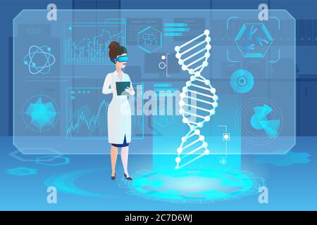 Illustrazione del vettore di DNA di ologramma medico. Microbiologia, biotecnologia genetica, cellula genica. Scienziato che lavora con il DNA. Medico che fa ricerche di laboratorio. Test genetici. Innovazione tecnologica Illustrazione Vettoriale