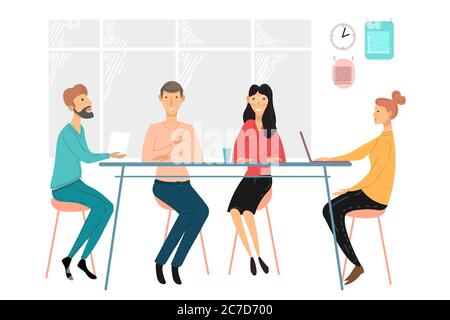 Incontri di lavoro. Discussione di gruppo. Negoziare nuovi progetti e piani. Illustrazione vettoriale cartoon discussione strategia aziendale Illustrazione Vettoriale
