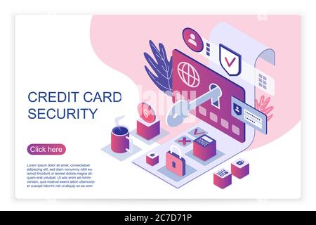 Modello di landing page isometrico che rappresenta la sicurezza della carta di credito, illustrazione vettoriale del servizio di sicurezza dei dati informatici Illustrazione Vettoriale