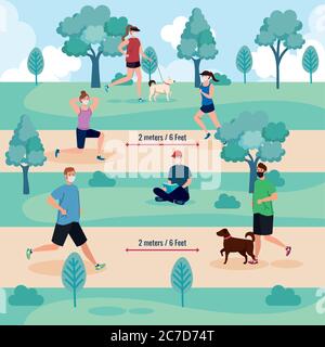 Distanza sociale tra uomini e donne con maschere al disegno vettoriale parco Illustrazione Vettoriale