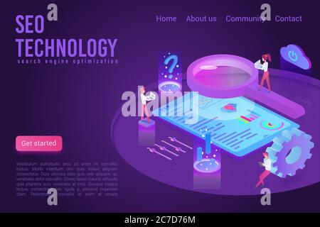 SEO Technology viola scuro neon chiaro landing page isometrica vettore modello. Il team di analisti analizza le statistiche, ricerca di mercato. informazioni sul banner web 3d. Analisi dei dati, layout della home page del sito Web di Business Analytics Illustrazione Vettoriale