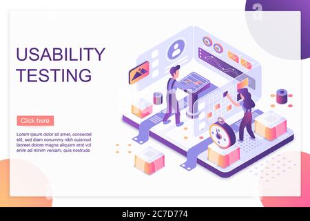 Modello vettore della pagina di destinazione isometrica per il test di usabilità. Ottimizzazione del sito Web e servizi di personalizzazione layout di progettazione delle pagine Web. Esperienza utente, UI, UX. App, sviluppo software concetto 3d Illustrazione Vettoriale