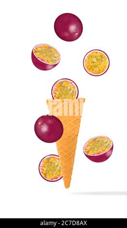 coni gelato con ingredienti che cadono in movimento Foto Stock