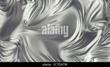 Sfondo di satin argento. Sfondo di seta ondulato. Stract luccicante glitter tessuto argento ondulato. rendering 3d. Foto Stock