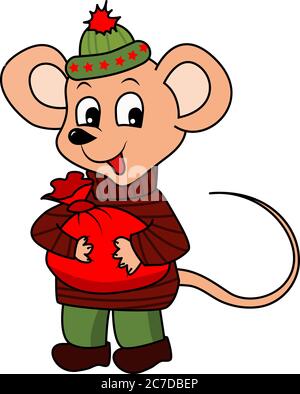 Mouse cartoon con borsa regalo rossa. Mouse in un pullover verde Bordeaux e pantaloni verdi. Illustrazione Vettoriale