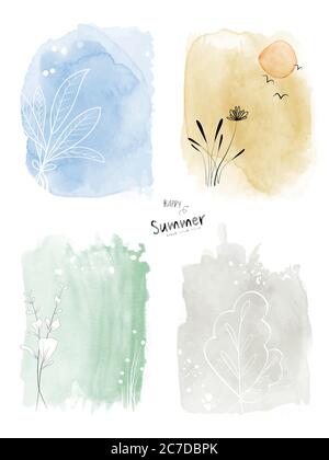 Set di arte 4 stagioni acquerello e doodle dipinto a mano. Adatto per l'uso come biglietto d'auguri, inviti, copertine, opuscoli, brochure, pareti o poster. Illustrazione Vettoriale