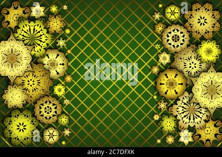 Sfondo vacanze con carta tagliata fiocchi di neve. Illustrazione Vettoriale