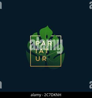 Foglia di palma di Monstera in una cornice dorata con tipografia moderna. Segno vettoriale astratto, simbolo o modello di logo. Elegante emblema o Card Design. Illustrazione Vettoriale