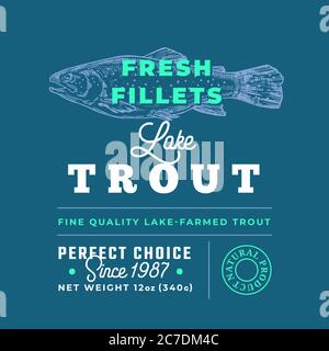 Filetti freschi etichetta di qualità premium . Layout di progettazione di pacchetti di pesce vettoriali astratti. Tipografia retrò con bordi e Silhouette di trota di lago disegnata a mano Illustrazione Vettoriale