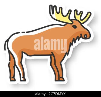 Patch Elk. Ruminanti allattati con allumicatori di grandi dimensioni. Adesivo a colori RGB per la fauna selvatica della foresta americana. Herbivore wapiti con corna grandi. Canadese Illustrazione Vettoriale