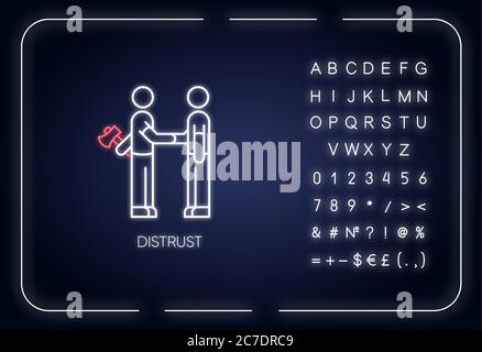 Icona luce al neon diffidenza. Effetto di riscaldamento esterno. Mancanza di fiducia, insicurezza, tradimento. Segno con alfabeto, numeri e simboli. Mani agitanti con il tratto Illustrazione Vettoriale
