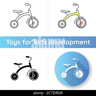 Icona triciclo. Trike per i bambini. Bambini in giro su attrezzature. Coordinazione e sviluppo dell'equilibrio dei bambini. Abilità fisiche. Colore nero lineare e RGB Illustrazione Vettoriale