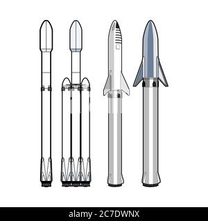 Set di razzi isolati. Navicelle spaziali con booster, versione 2019. Arte spaziale, set di razzi, icone vettoriali isolate, web, spazio poster poster stampa abbigliamento Illustrazione Vettoriale