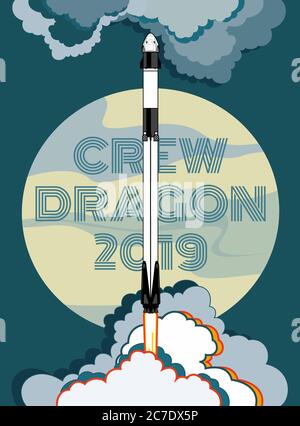 Razzo, vettore spaziale. 2019 marzo, lancio di 2 razzi. Poster vettoriale astronave, Luna, fiamma e vapore Illustrazione Vettoriale