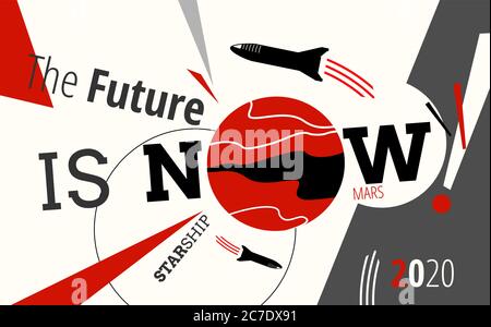 Spazio razzo astronave e Marte vettore retrò illustrazione poster. Il futuro è ora art. Vector cartoon razzo nave spaziale Illustrazione Vettoriale