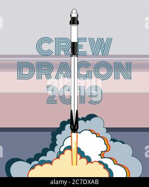 Razzo, vettore spaziale. 2019 marzo, lancio di 2 razzi. Poster vettoriale navicella spaziale, fiamma e vapore Illustrazione Vettoriale