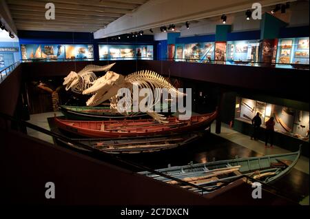 Scheletri di balene e tradizionali barche a remi faroesi nella mostra permanente del Museo Nazionale delle Isole Faroe.Torshavn. Streymoy.Faroe Islands.Territory della Danimarca Foto Stock